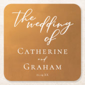 素朴金ゴールドタイポグラフィカスタムウェディング スクエアペーパーコースター (正面)