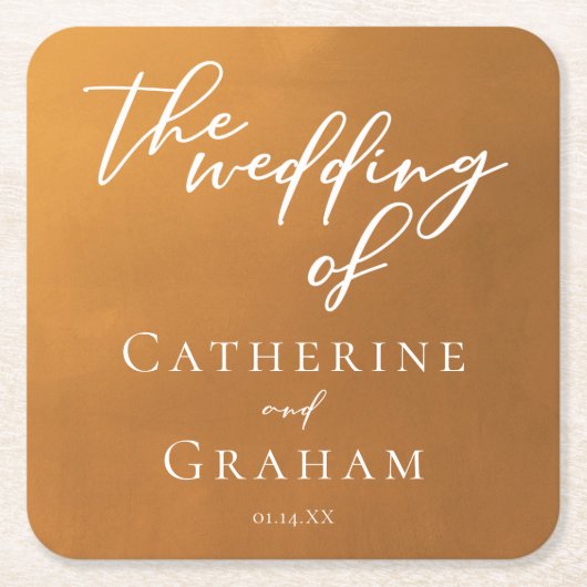 素朴金ゴールドタイポグラフィカスタムウェディング スクエアペーパーコースター (正面)