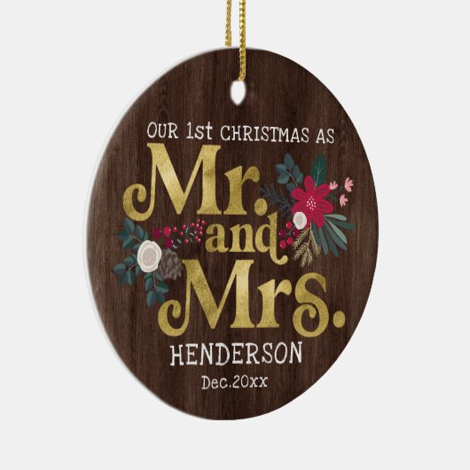 素朴金ゴールドタイポグラフィ第1回クリスマスmrとmrs c セラミックオーナメント (右)