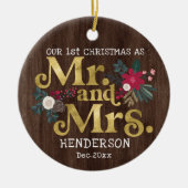 素朴金ゴールドタイポグラフィ第1回クリスマスmrとmrs c セラミックオーナメント (正面)