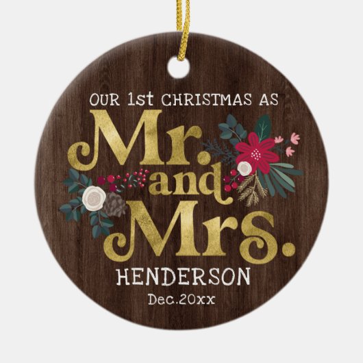 素朴金ゴールドタイポグラフィ第1回クリスマスmrとmrs c セラミックオーナメント (正面)
