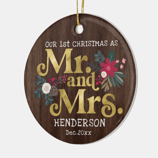 素朴金ゴールドタイポグラフィ第1回クリスマスmrとmrs c セラミックオーナメント (左)