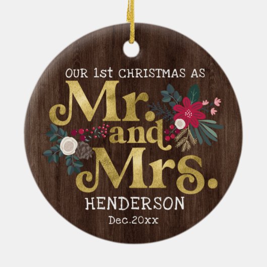 素朴金ゴールドタイポグラフィ第1回クリスマスmrとmrs c セラミックオーナメント (裏面)