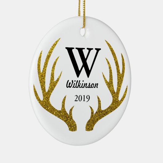 素朴金ゴールドフェイクグリッター鹿〔雄ジカの〕枝角ファミリ名 セラミックオーナメント (右)