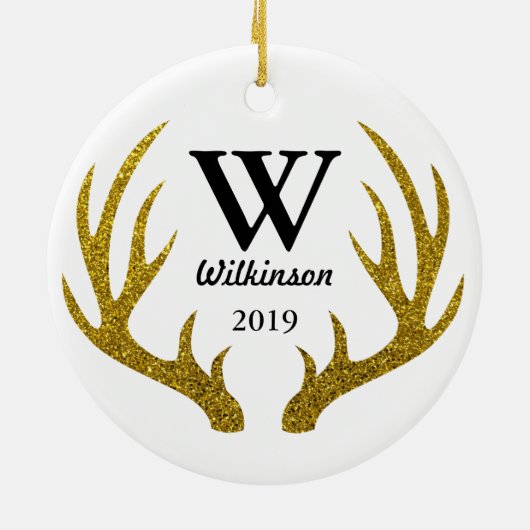 素朴金ゴールドフェイクグリッター鹿〔雄ジカの〕枝角ファミリ名 セラミックオーナメント (裏面)