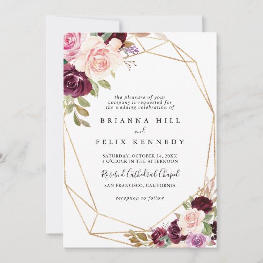 素朴金ゴールド幾何フローラ伝統的結婚の 招待状 (正面)