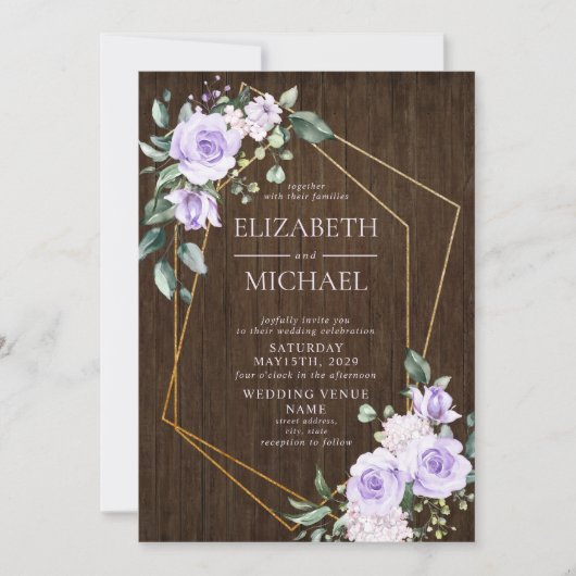 素朴金ゴールド幾何学的薄紫フローラ木写真 招待状 (正面)