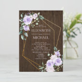 素朴金ゴールド幾何学的薄紫フローラ木写真 招待状 (スタンド正面)