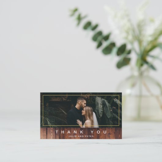 素朴金ゴールド枠木製写真サンキューカード エンクロージャーカード (スタンド正面)