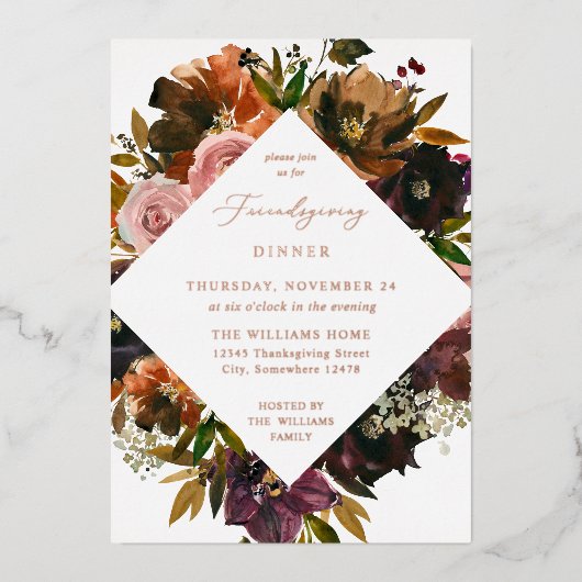 素朴金ゴールド秋フローラフレンドシップ 箔招待状 (正面)