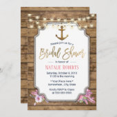 素朴金ゴールド航海のいかり木造ブライダルシャワー 招待状 (正面/裏面)