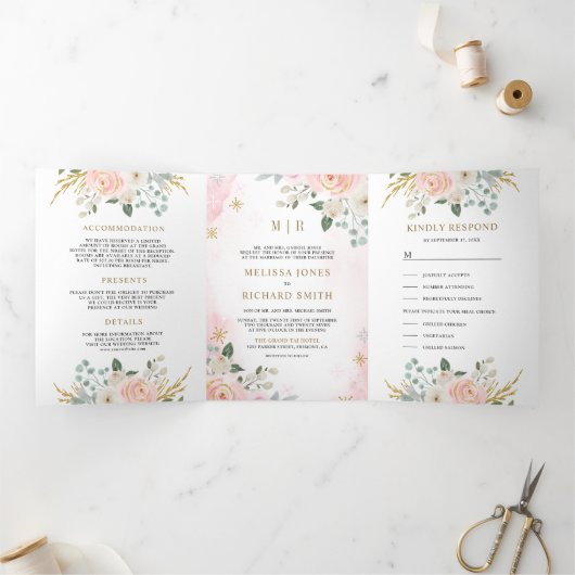 素朴金ゴールド赤面ピンクフローラ全結婚体 三つ折り招待状 (内部)