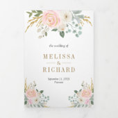 素朴金ゴールド赤面ピンクフローラ全結婚体 三つ折り招待状 (カバー)