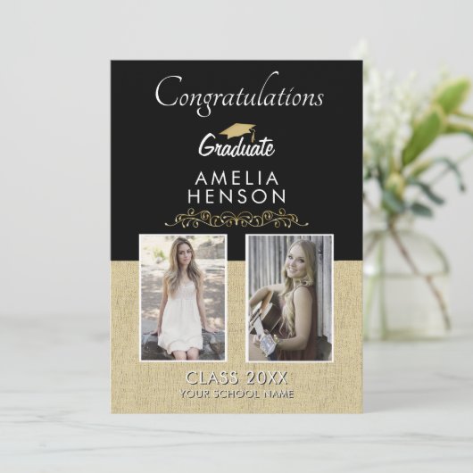 素朴金ゴールド黒人卒業生2写真卒業 カード (スタンド正面)