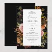 素朴金ゴールド、紫、およびピンクのフローラ4ブラック結婚 招待状 (正面/裏面)