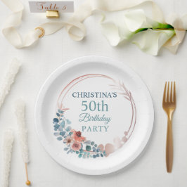 素朴銅ブルーフローラ50th誕生日パーティー ペーパープレート