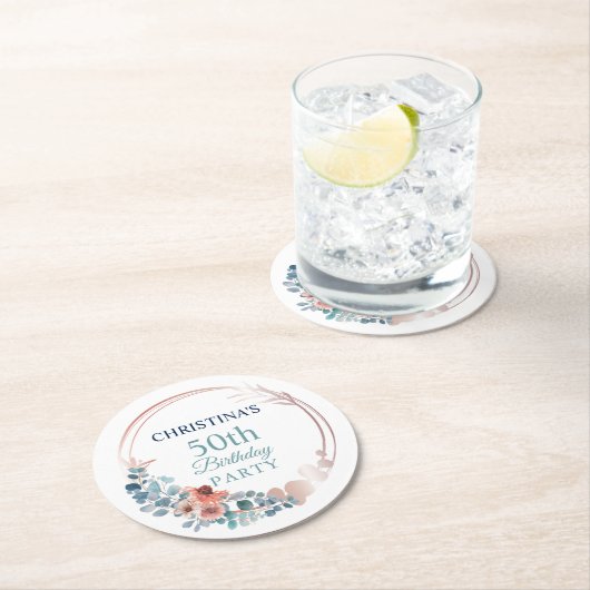 素朴銅ブルーフローラ50th誕生日パーティー ラウンドペーパーコースター (インサイチュ)