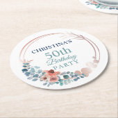 素朴銅ブルーフローラ50th誕生日パーティー ラウンドペーパーコースター (アングル)