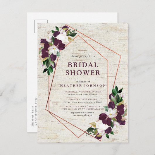 素朴銅幾何梅フローラブライダルシャワー 案内ポストカード (正面/裏面)