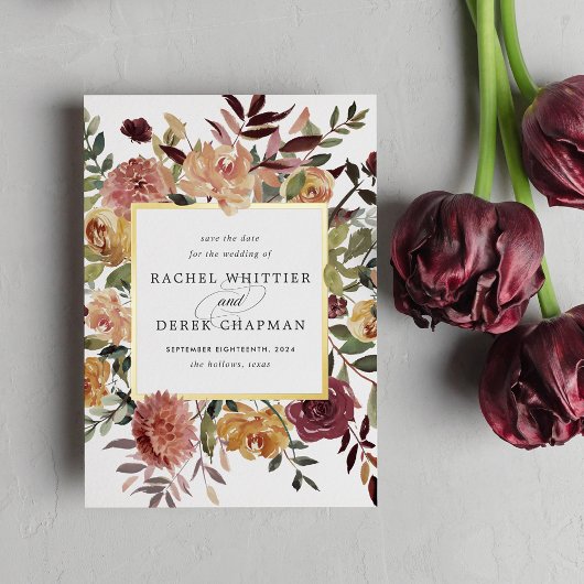 素朴開花フォイル日付カードの保存 箔招待状