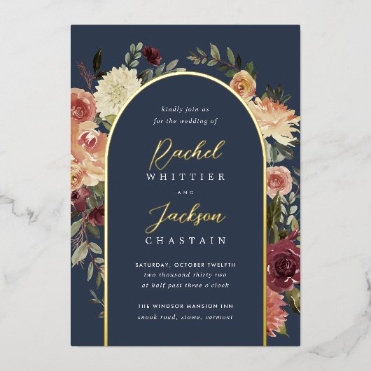 素朴開花水カラーフローラ結婚アーチ 箔招待状 (正面)