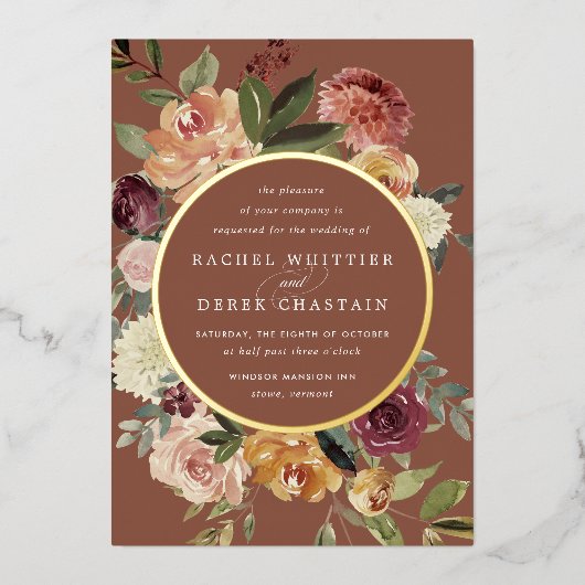 素朴開花水色フローラ結婚 箔招待状 (正面)