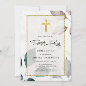 素朴離れ金ゴールドグリッタークロスファースト聖餐式 招待状 (正面)