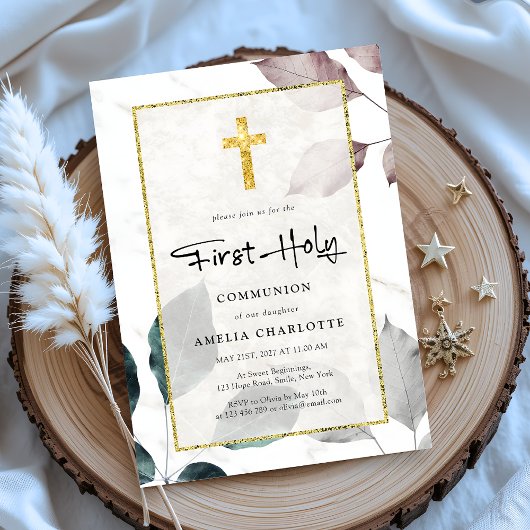素朴離れ金ゴールドグリッタークロスファースト聖餐式 招待状