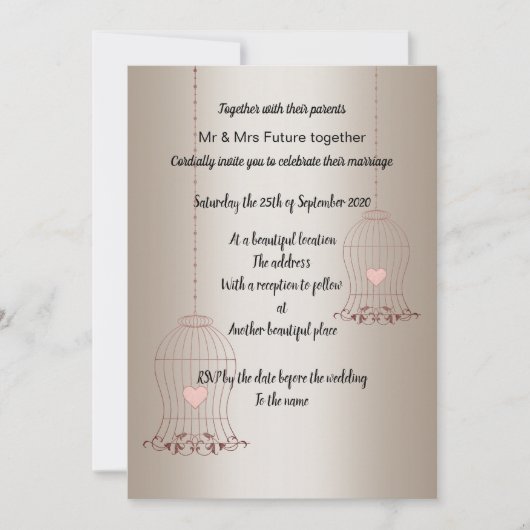 素朴鳥籠金ゴールド青銅結婚製カスタム品 招待状 (正面)