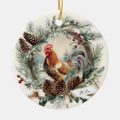 素朴鶏の飼育動物クリスマスパインリース セラミックオーナメント (正面)