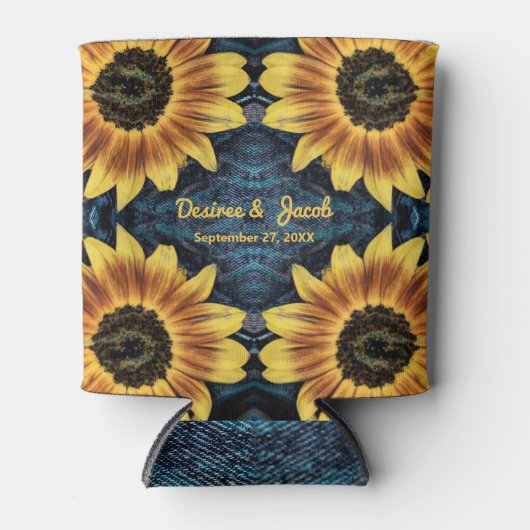 素朴黄ひまわり結婚のデニムブルージーンズ 缶クーラー (正面)