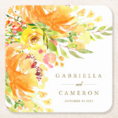 素朴黄色の花の水結婚色のカスタム スクエアペーパーコースター (正面)