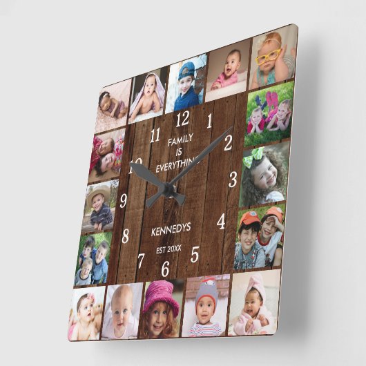 素朴16フォトコラージュファミリー引用文パレット木材  スクエア壁時計 (傾斜)
