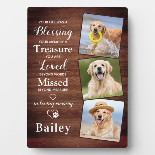 素朴3パーソナライズされた枚の写真犬ロスPETメモリアル フォトプラーク (正面)