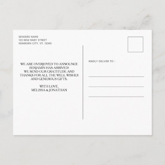 素朴5パーソナライズされた光ベビー生まれたばかりの誕生 案内ポストカード (裏面)