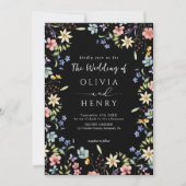 素朴 シンプル ワイルドフラワー ブラック QR コード ウェディング 招待状 (正面)