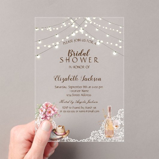 素朴，レース，ブーツフラワーズブライダルシャワー アクリル招待状 (インサイチュ (ポータブル))