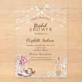 素朴，レース，ブーツフラワーズブライダルシャワー アクリル招待状 (正面)