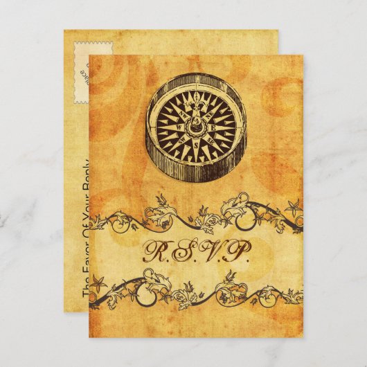 素朴、ヴィンテージ、コンパス航海のウェディングsvp インビテーションポストカード (正面/裏面)