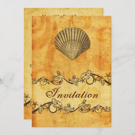 素朴、ヴィンテージ、シーシェルビーチ結婚式招待状 招待状 (正面/裏面)
