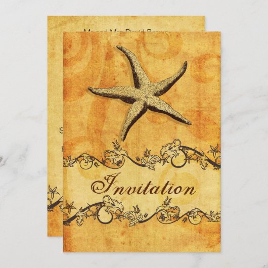 素朴，ヴィンテージ，ヒトデビーチ結婚式招待状 招待状 (正面/裏面)