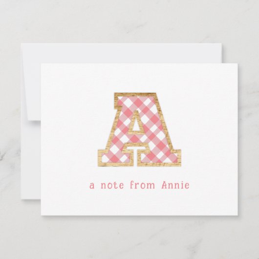 素朴&名門私立校風の "A"ピンクのギンガムオンウッドガーリー ノートカード (正面)