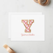 素朴&名門私立校風の "Y"ピンクジンガムon Wood ガーリー ノートカード (正面/裏面インサイチュ)