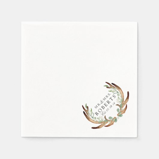 素朴〔雄ジカの〕枝角と緑 |名前をカスタムする結婚ズ スタンダードカクテルナプキン (正面)