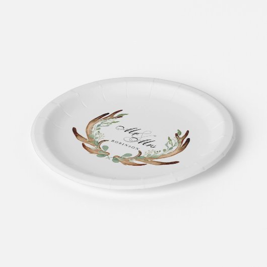 素朴〔雄ジカの〕枝角と緑 |水彩ミスター&ミセス ペーパープレート (アングル)