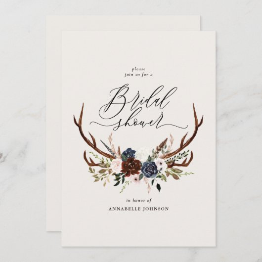 素朴〔雄ジカの〕枝角ネイビーブルゴーニュフローラブライダルシャワー (正面/裏面)