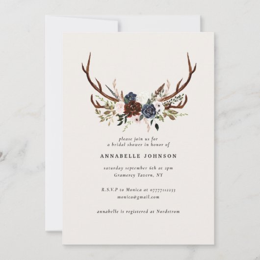 素朴〔雄ジカの〕枝角ネイビーブルゴーニュフローラブライダルシャワー (正面)