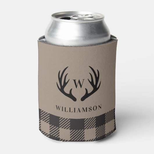 素朴〔雄ジカの〕枝角ブラックバッファロープレイドモノグラムの 缶クーラー (缶正面)