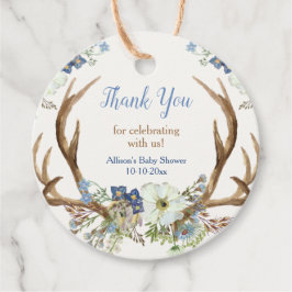 素朴〔雄ジカの〕枝角ブルー白フローラ赤ちゃんシャワー フェイバータグ