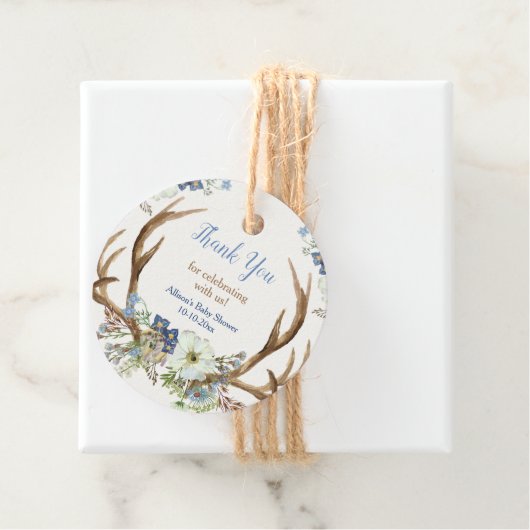 素朴〔雄ジカの〕枝角ブルー白フローラ赤ちゃんシャワー フェイバータグ (インサイチュ)